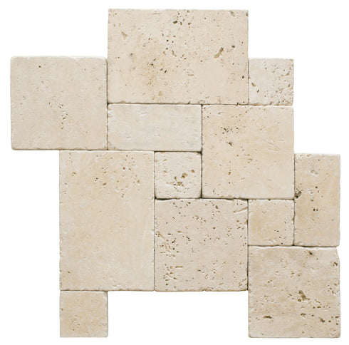 Ivory Travertine Tumbled Exterior Pool Paver Mini Versailles 1 1/4"